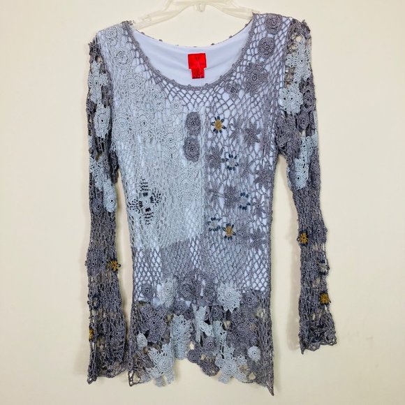 Very Vera Tops - Very Vera Crocheted Top Women's Large Long Sleeve Blouse New Beaded Floral